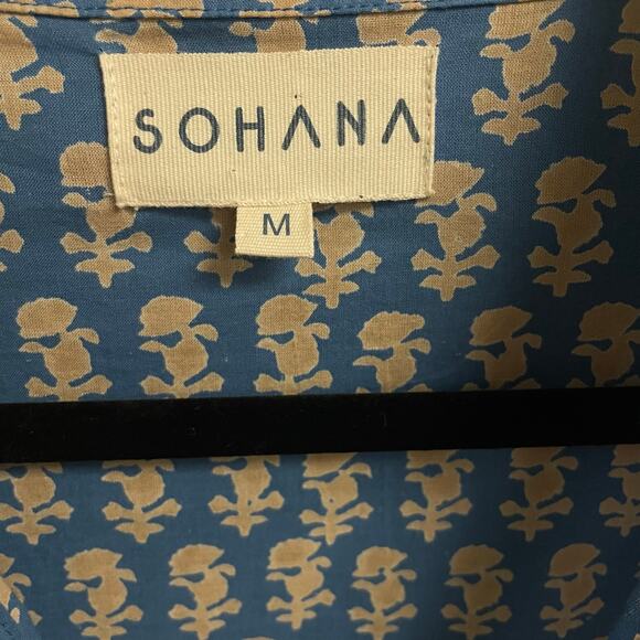 Sohana Collar Top Blue Tan Print Puff Sleeves Womens Size Medium - Picture 5 of 7